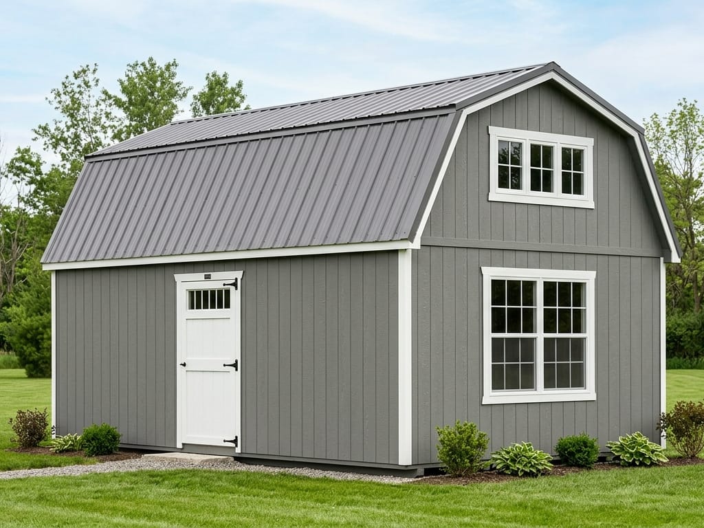 Side lofted barn portable building with a side loft window and gray siding